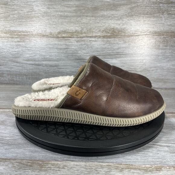 Olukai Men's Mua Ili Sheepskin Lining Brown Leather Slippers Size 8 - Picture 3 of 9